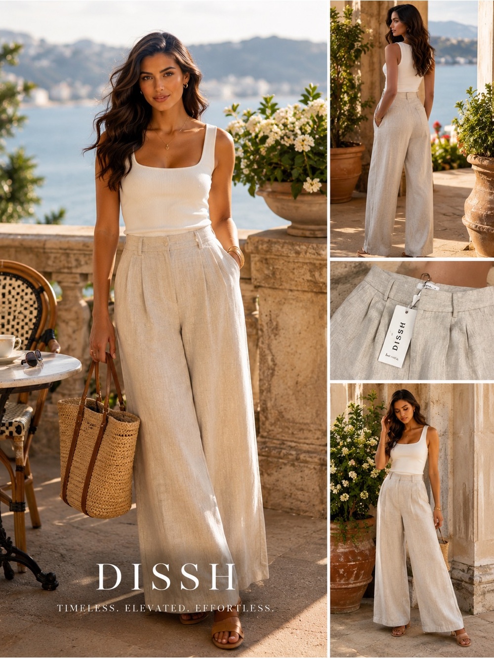NWT DISSH Oatmeal Linen Pleated Wide Leg Trouser Resort Coastal Pants Size XS - Picture 2 of 13